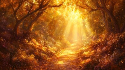 A serene forest path illuminated by golden sunlight, showcasing vibrant autumn foliage.