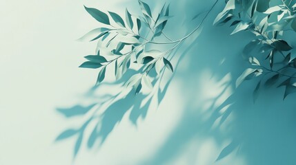 Delicate leaves casting shadows on a soft blue background, creating a serene atmosphere.