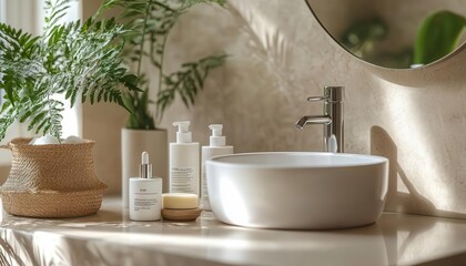Fototapeta premium Daily skincare regimen with vibrant products, sleek bathroom counter, soft lighting, neutral tones, minimalist style