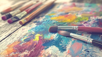 Fototapeta premium Vibrant Art Supplies on a Wooden Table