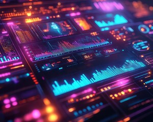 Obraz premium Digital marketing campaign with vibrant charts and graphs, sleek workspace, dynamic energy, modern design, realism