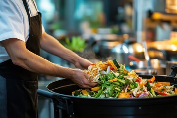 Restaurant Worker Disposing of Food Waste in Kitchen