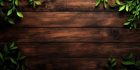 Obraz premium A wooden surface adorned with green leaves, creating a natural and inviting atmosphere.