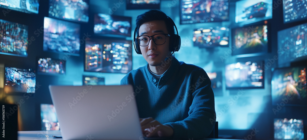 Poster a man in a blue sweater and glasses uses a laptop in front of a wall of screens displaying various i