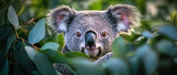 Fototapeta premium A close-up of a koala peering through eucalyptus leaves.