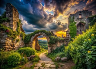 Captivating Candid Photography of Ancient Castle Gate Ruins in a Mystical Landscape with Lush Greenery and Dramatic Skies