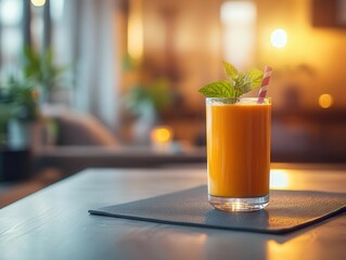 Healthy morning routine with vibrant smoothie and yoga mat, soft natural lighting, sleek kitchen, cozy atmosphere