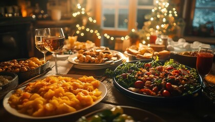 Fototapeta premium Holiday feast preparation with vibrant dishes, soft lighting, cozy kitchen, warm tones, festive atmosphere, realism