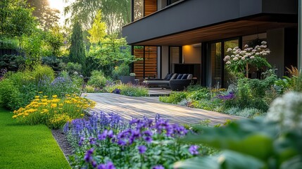 Home garden design with vibrant plants and flowers, soft natural lighting, cozy atmosphere, modern home exterior
