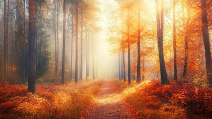 Obraz premium A serene forest path illuminated by soft autumn light, surrounded by vibrant foliage.