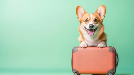 A happy corgi sitting on a suitcase against a green background, ready for travel.