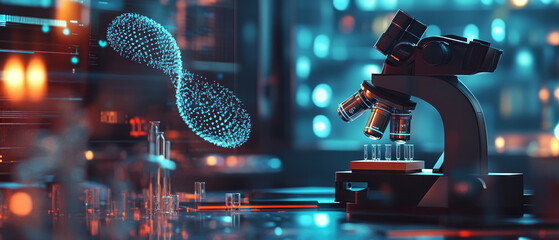 microscope focused on holographic DNA structure in high tech lab, showcasing advanced scientific research and innovation. vibrant colors enhance futuristic atmosphere