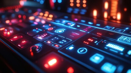 Smart home devices with vibrant interface, sleek design, soft lighting, futuristic tech style, high detail, photo-realistic