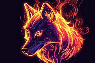 neon burning wolf illustration, black background, cartoon style