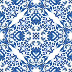 Seamless pattern, tiling ornament. Abstract seamless ornamental watercolor damask arabesque paint pattern. Portuguese ceramic tile design