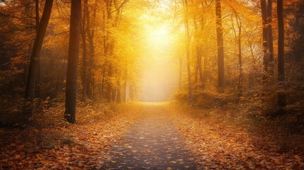 Obraz premium A serene autumn pathway illuminated by soft sunlight through vibrant orange foliage.