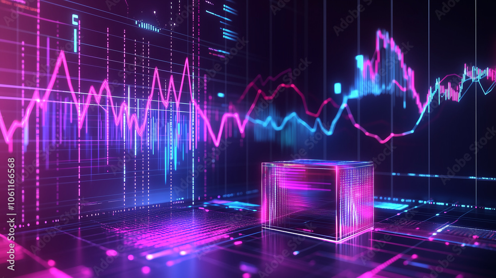 Poster A glowing cube sits in a digital landscape, surrounded by colorful data and graphs