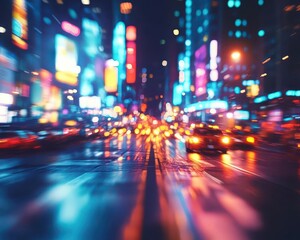 Urban city life with vibrant street lights, dynamic movement, soft lighting, bustling energy, modern cityscape