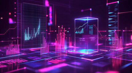 A digital landscape showcases vibrant neon purple and blue data visualizations, including a graph and a table