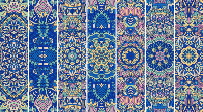 Festival Mandala pattern set with bright color psychedelic print design. Festival Abstract Mandala bookmark, cards, banner set with intricate psychedelic print design.