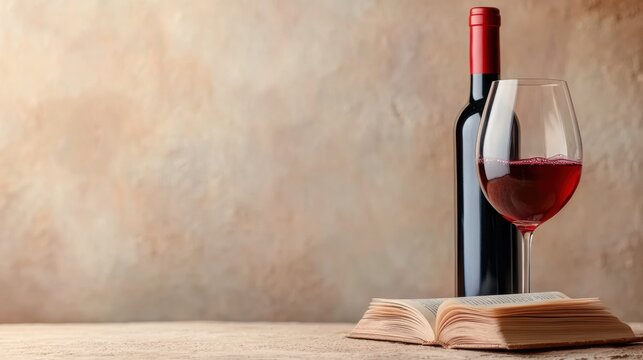 A bottle of red wine and a glass beside an open book on a rustic table, AI