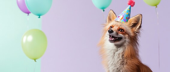 A cheerful dog wearing a party hat, surrounded by colorful balloons, celebrating a festive occasion.