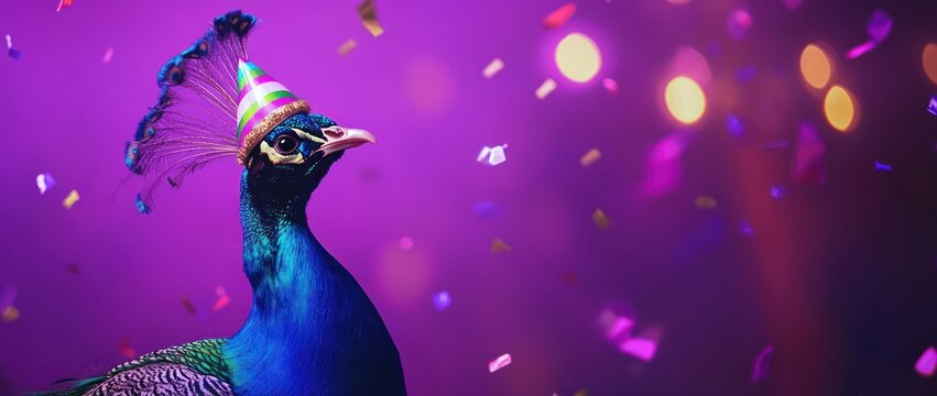A colorful peacock wearing a party hat amidst confetti, celebrating a festive occasion.