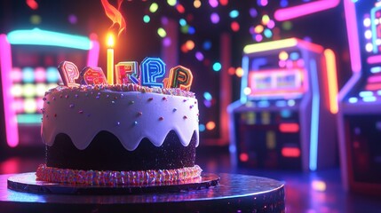 A festive birthday cake with colorful candles in a vibrant, neon-lit arcade setting.