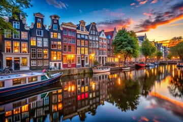 Obraz premium Charming Amsterdam Canal Houses at Dusk with Reflective Water and Serene Atmosphere