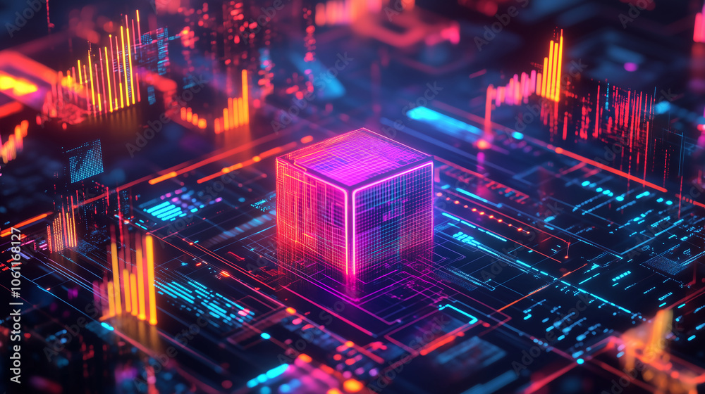 Aufkleber a glowing cube sits at the center of a digital circuit board, surrounded by vibrant lines of code