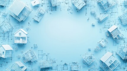 House blueprints that are arranged around a blue background, real estate