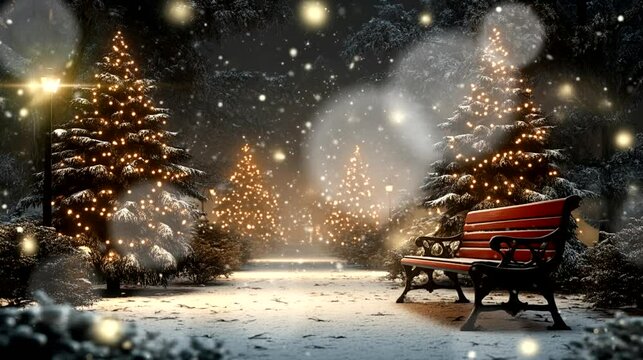 a christmas scene with a bench and trees. seamless looping time-lapse virtual 4k video animation background