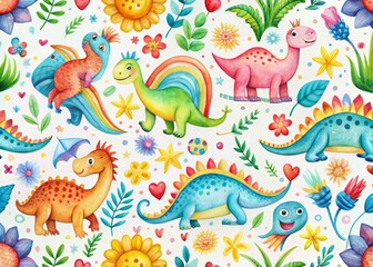 Childish Dinosaurs Seamless Pattern with Watercolor Rainbows and Flowers for Kids' Decor and Apparel