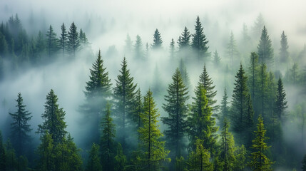 Fototapeta premium fog drifting through a lush green pine forest creating a tranquil and mysterious atmosphere with soft shadows and sunlight filtering through