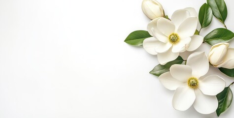 A serene arrangement of white magnolia flowers with green leaves on a light background.