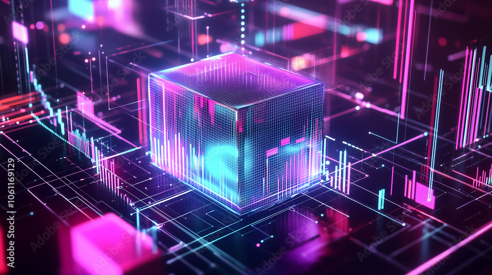Poster a glowing cube sits in a digital landscape of lines and data