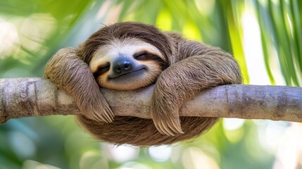 Fototapeta premium A sloth peacefully resting on a tree branch, surrounded by lush green foliage.