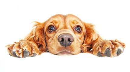 A close-up of a resting dog with a soft expression and paws stretched out.