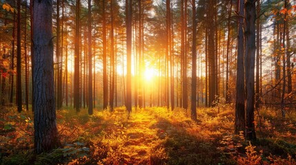 Obraz premium Sunset through autumn trees in a forest