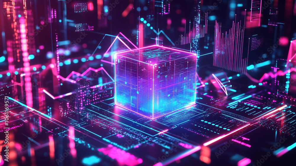 Poster a glowing cube sits on a digital landscape of lines and graphs in pink and blue