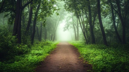 Obraz premium A serene forest path shrouded in mist, inviting exploration and tranquility.