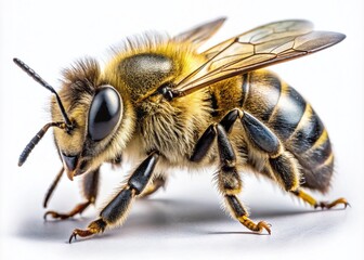 Close-Up of a Bee Isolated on White Background - High Depth of Field Photography of Insect, Nature, Pollination, Honeybee, Macro, Wildlife, Entomology, Environment, Biology, Closeup