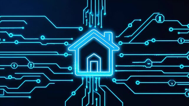 Abstract neon blue house icon connected to digital circuit board.