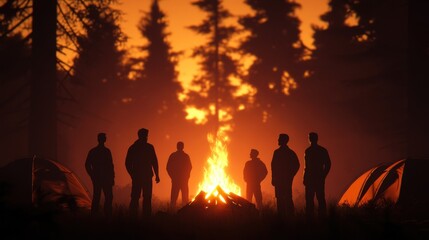 Fototapeta premium Campers gathered around a glowing campfire at sunset