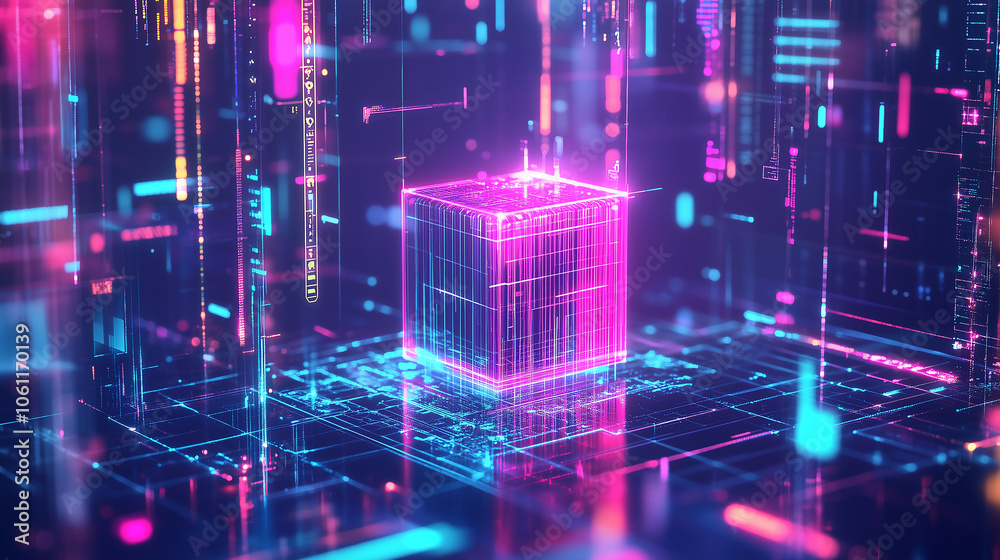 Fototapete a glowing pink cube sits in a digital landscape, surrounded by abstract lines and data streams