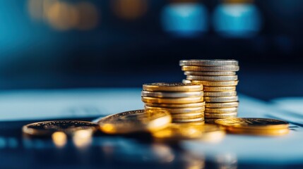 Stacked gold coins on a blurred financial background