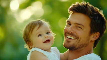 Fototapeta premium Father and child enjoying a sunny day in a lush green park, AI