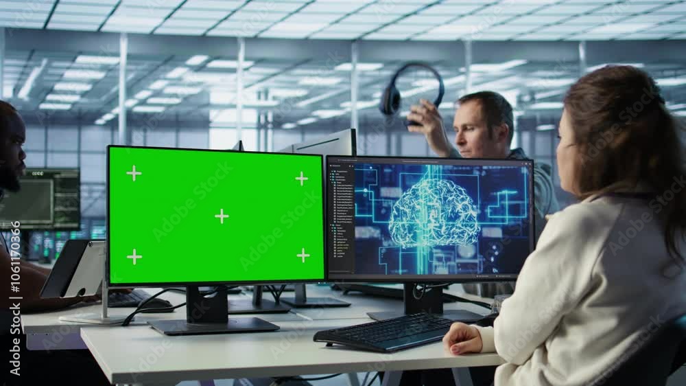 Aufkleber employee working on green screen computer in server hub, using ai to process data. it developer at c