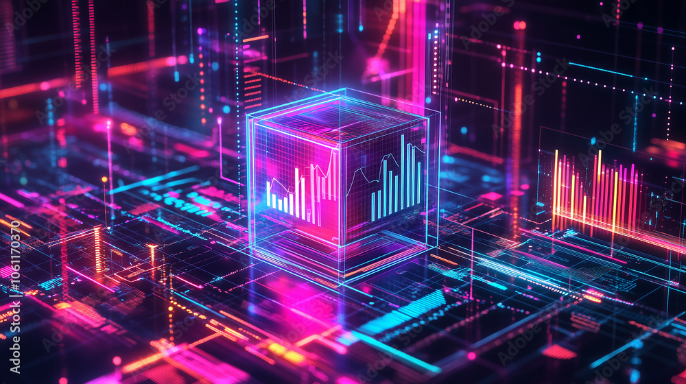 Aufkleber A glowing cube displaying data sits on a neon network of circuits