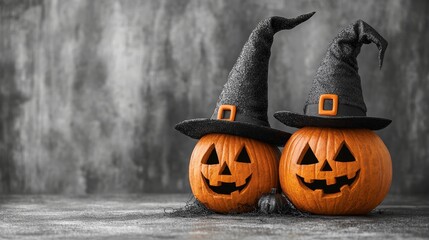 Lighted jack-o-lanterns and decorations on a dark background.